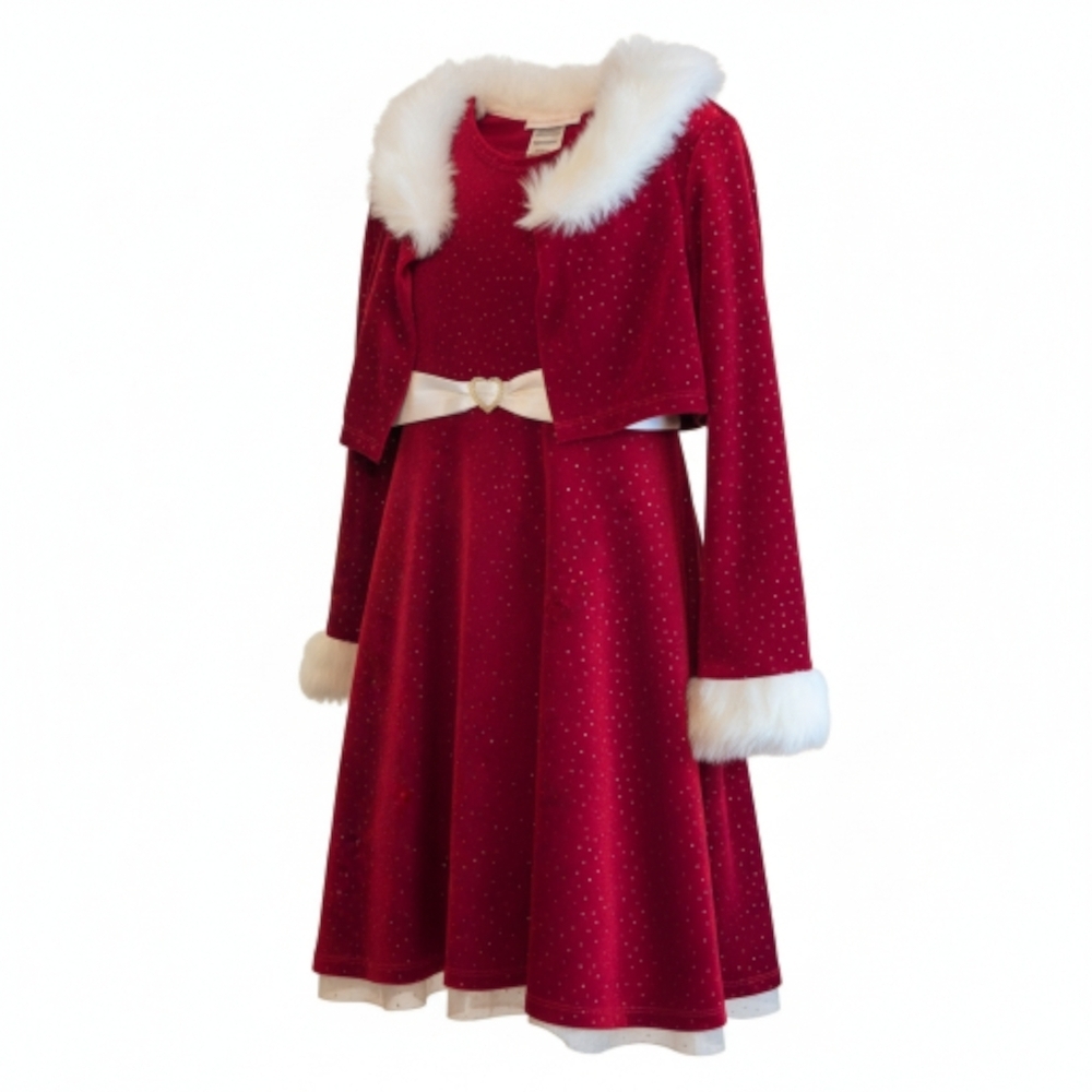 Girls Christmas Dress with White Faux Fur Trim